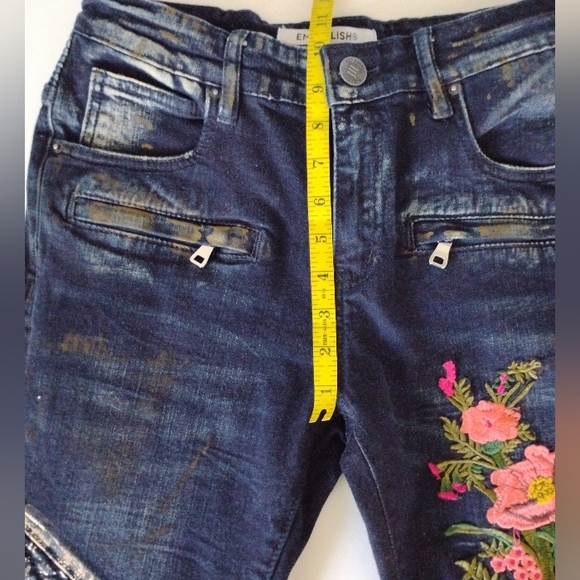 Embellish Distressed Embroidered Patched Spencer Biker Denim Jeans Size 30 - Picture 12 of 15